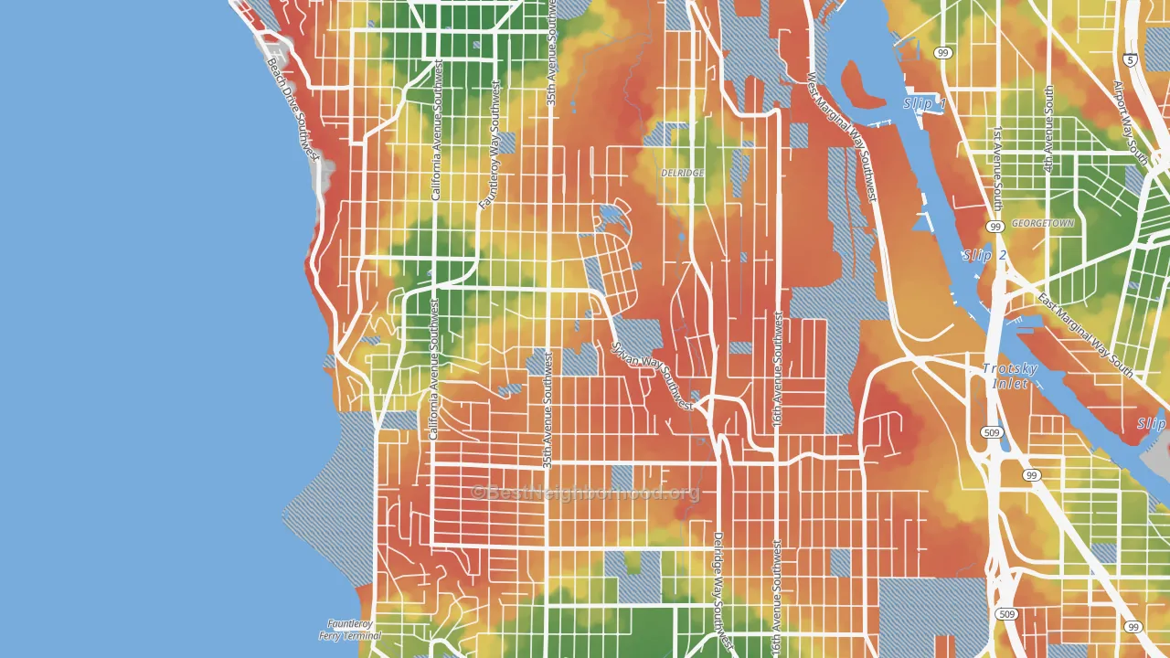 Walk Grade map of High Point, Seattle, WA, walkable areas in green and car-dependent areas in red