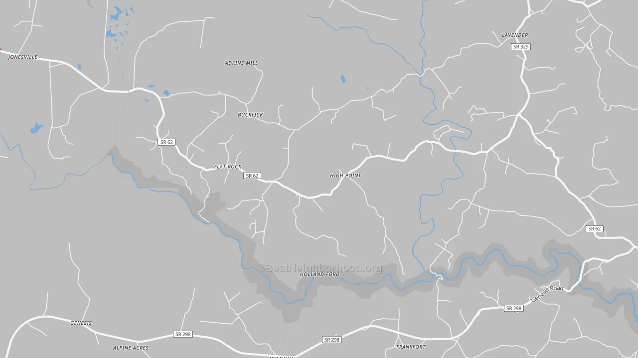 Walk Grade map of High Point, TN, walkable areas in green and car-dependent areas in red