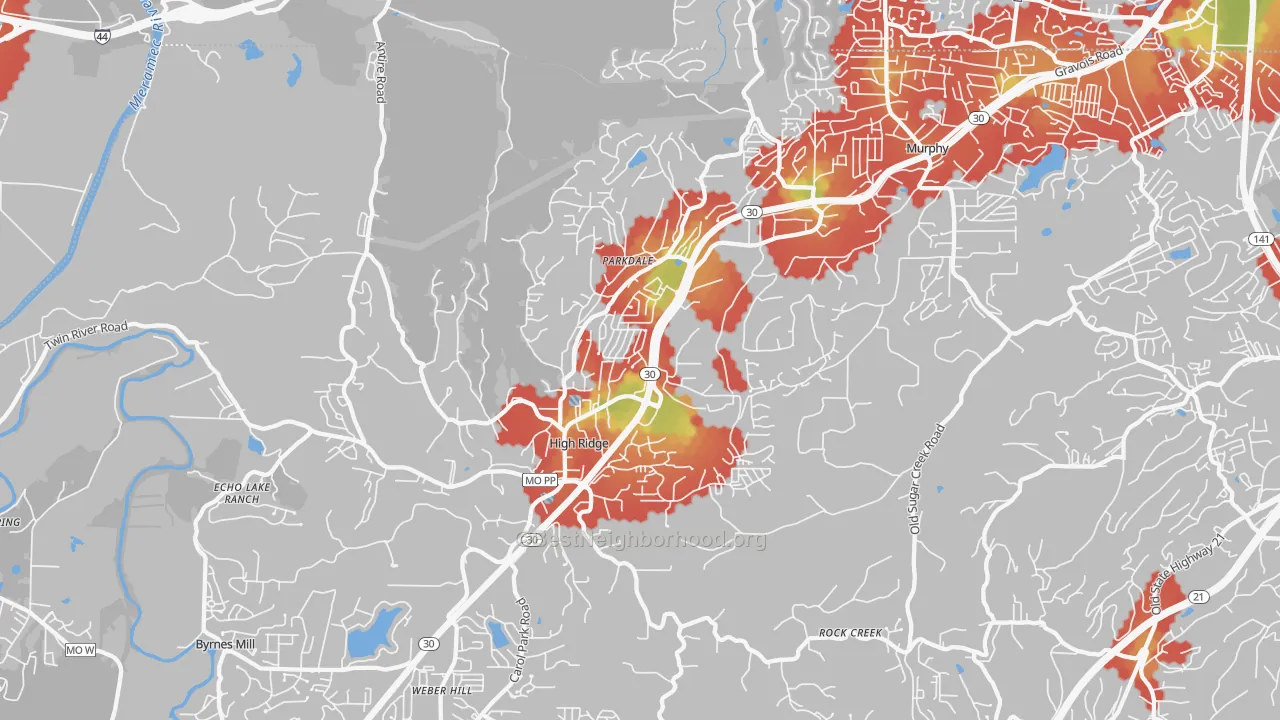 Walk Grade map of High Ridge, MO, walkable areas in green and car-dependent areas in red
