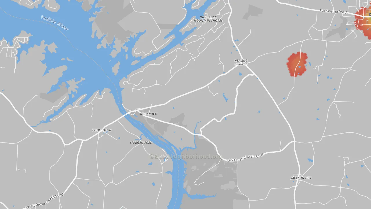 Walk Grade map of High Rock, NC, walkable areas in green and car-dependent areas in red