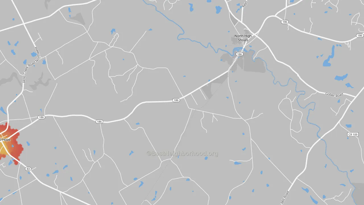 Walk Grade map of High Shoals, GA, walkable areas in green and car-dependent areas in red