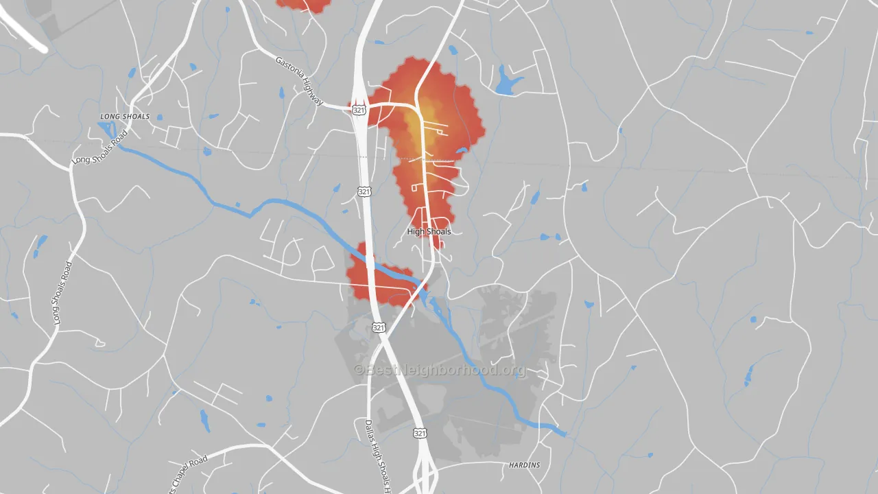 Walk Grade map of High Shoals, NC, walkable areas in green and car-dependent areas in red