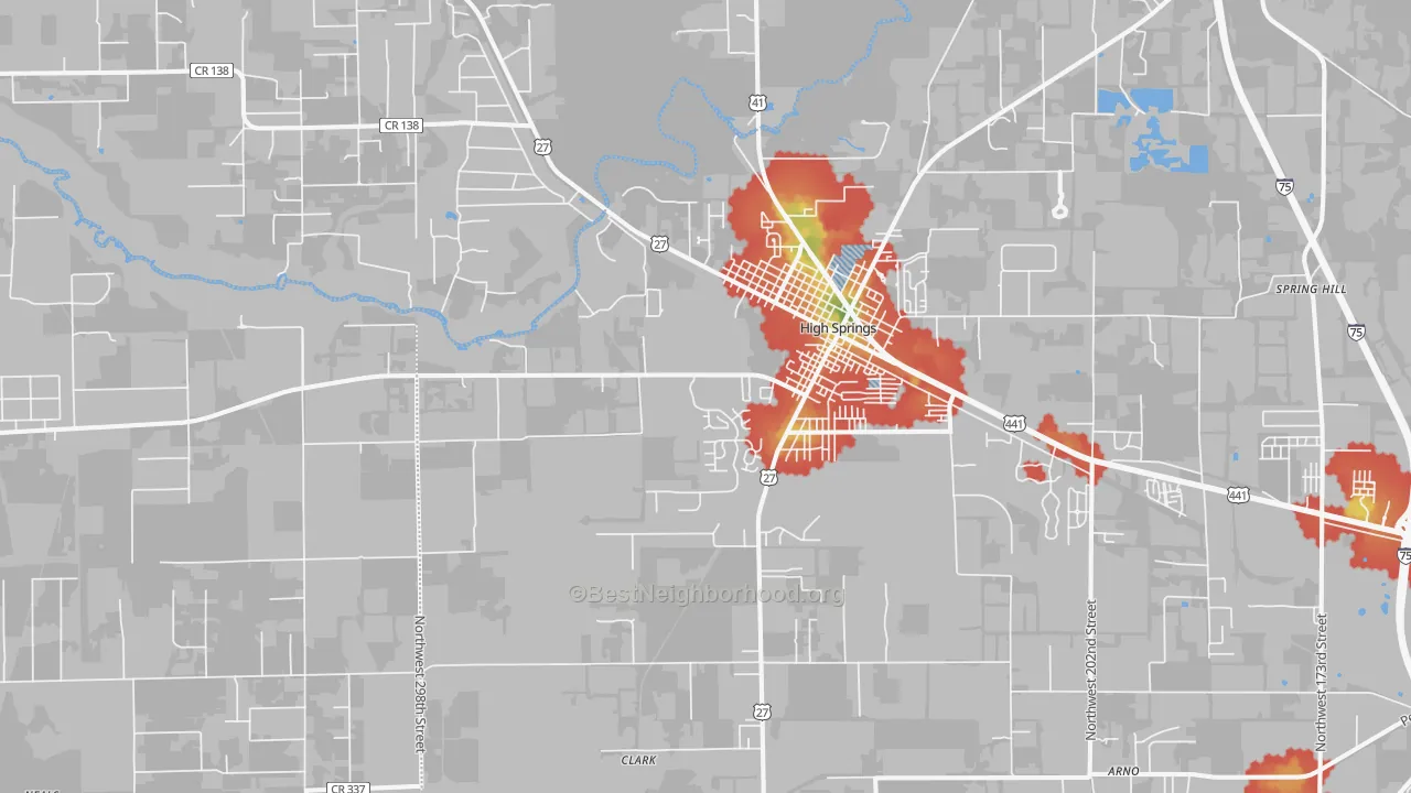 Walk Grade map of High Springs, FL, walkable areas in green and car-dependent areas in red