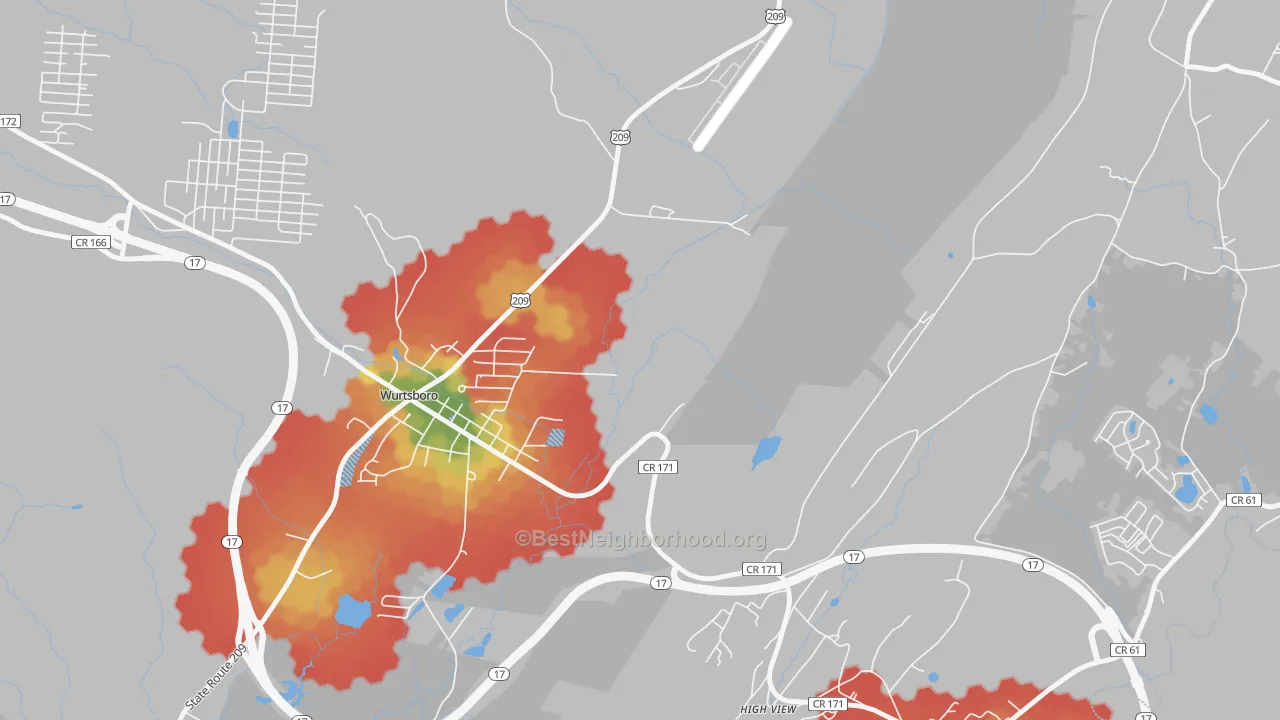 Walk Grade map of High View, NY, walkable areas in green and car-dependent areas in red