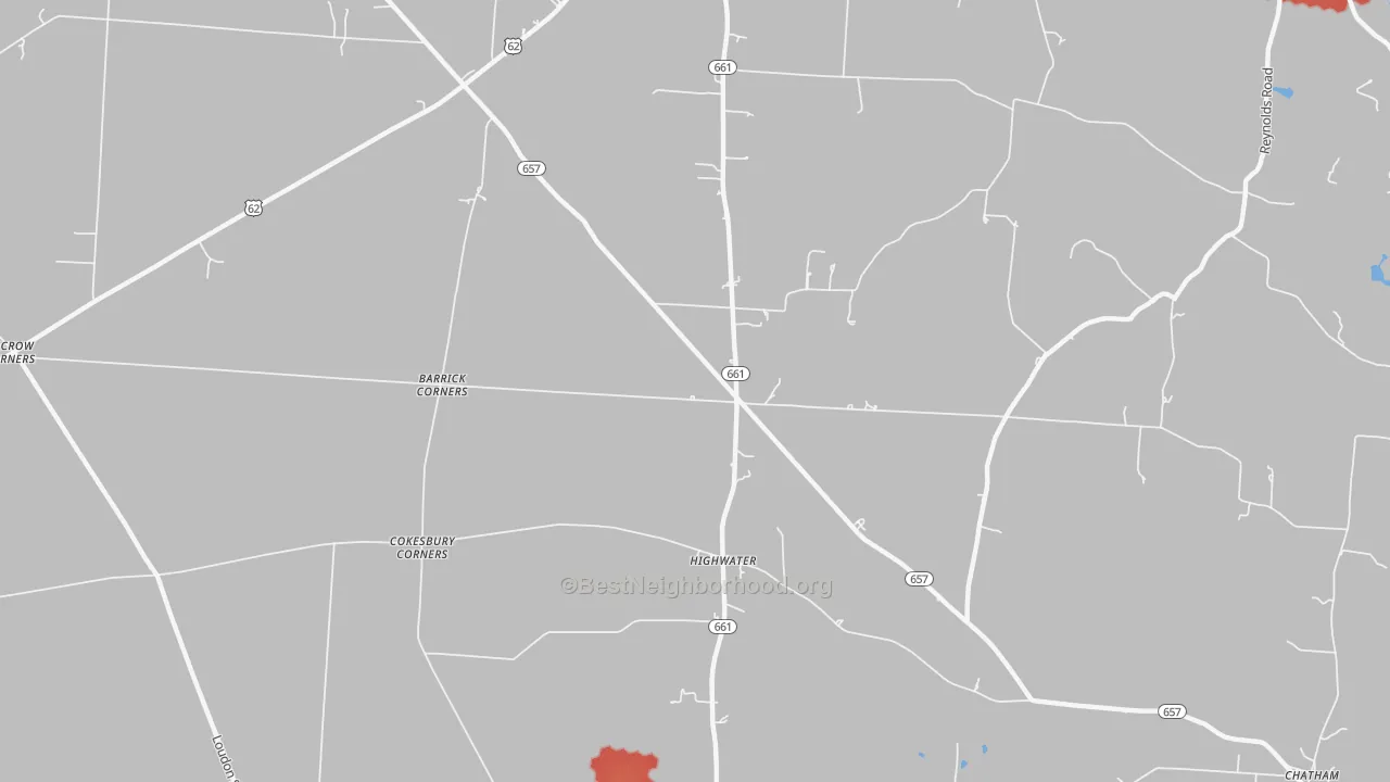Walk Grade map of High Water, OH, walkable areas in green and car-dependent areas in red