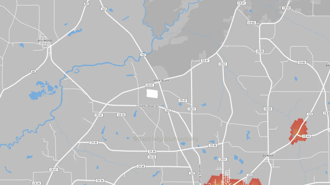Walk Grade map of Highbluff, AL, walkable areas in green and car-dependent areas in red