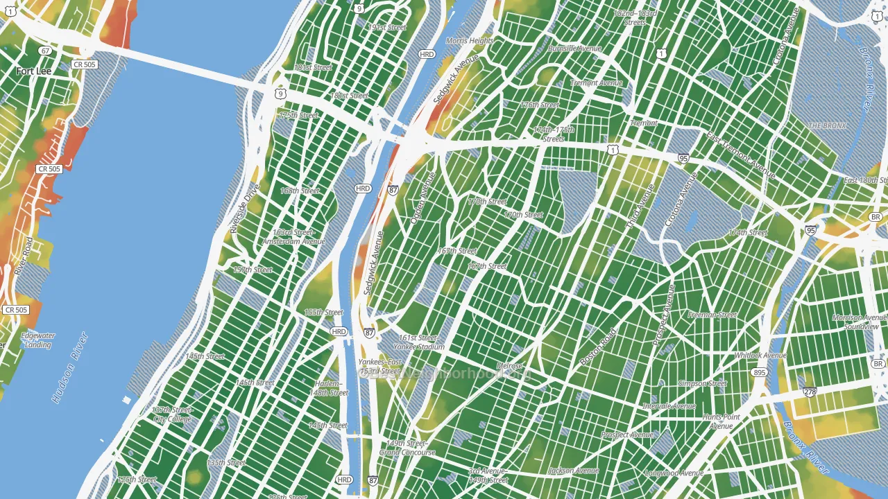 Walk Grade map of Highbridge, Bronx, NY, walkable areas in green and car-dependent areas in red