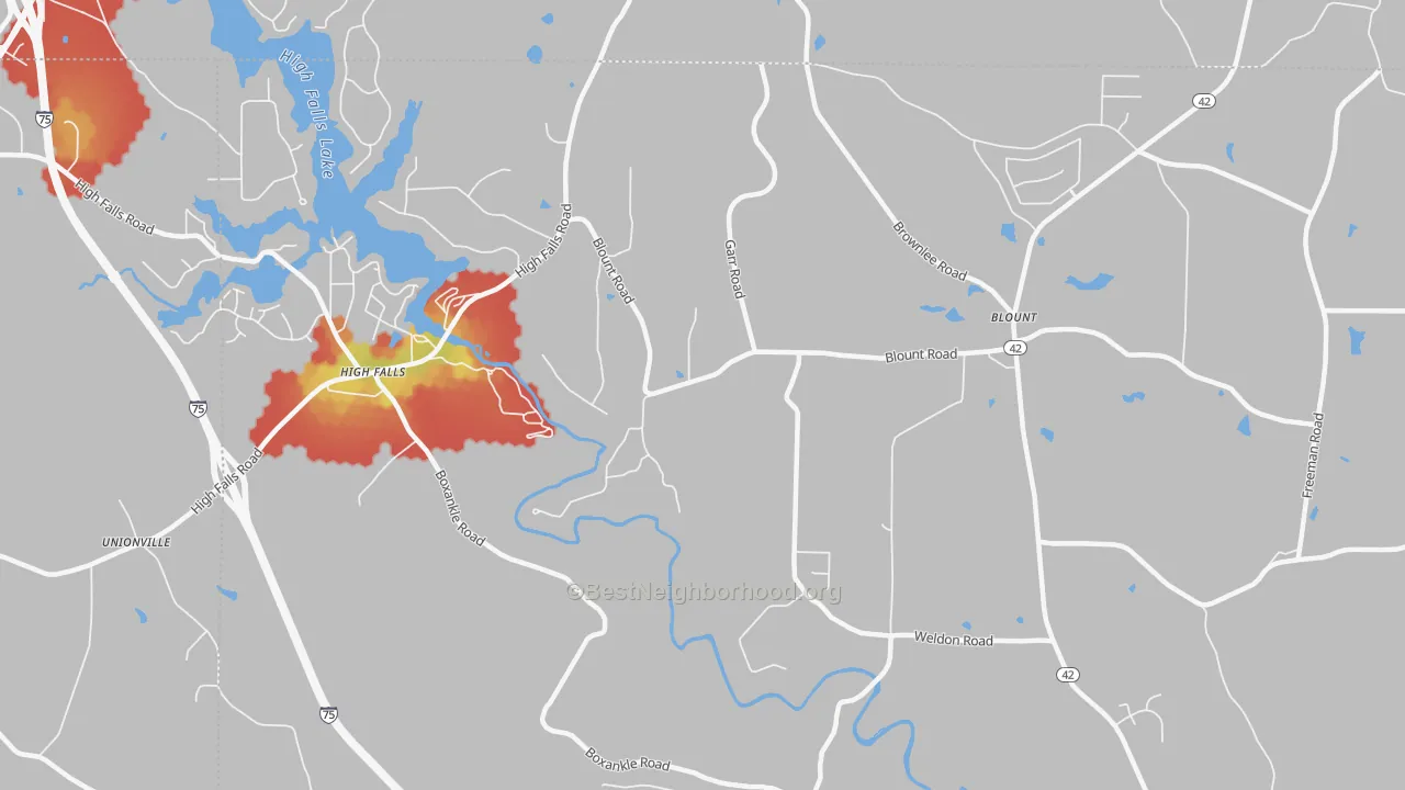 Walk Grade map of Highfalls, GA, walkable areas in green and car-dependent areas in red