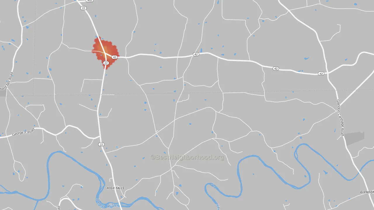 Walk Grade map of Highfalls, NC, walkable areas in green and car-dependent areas in red