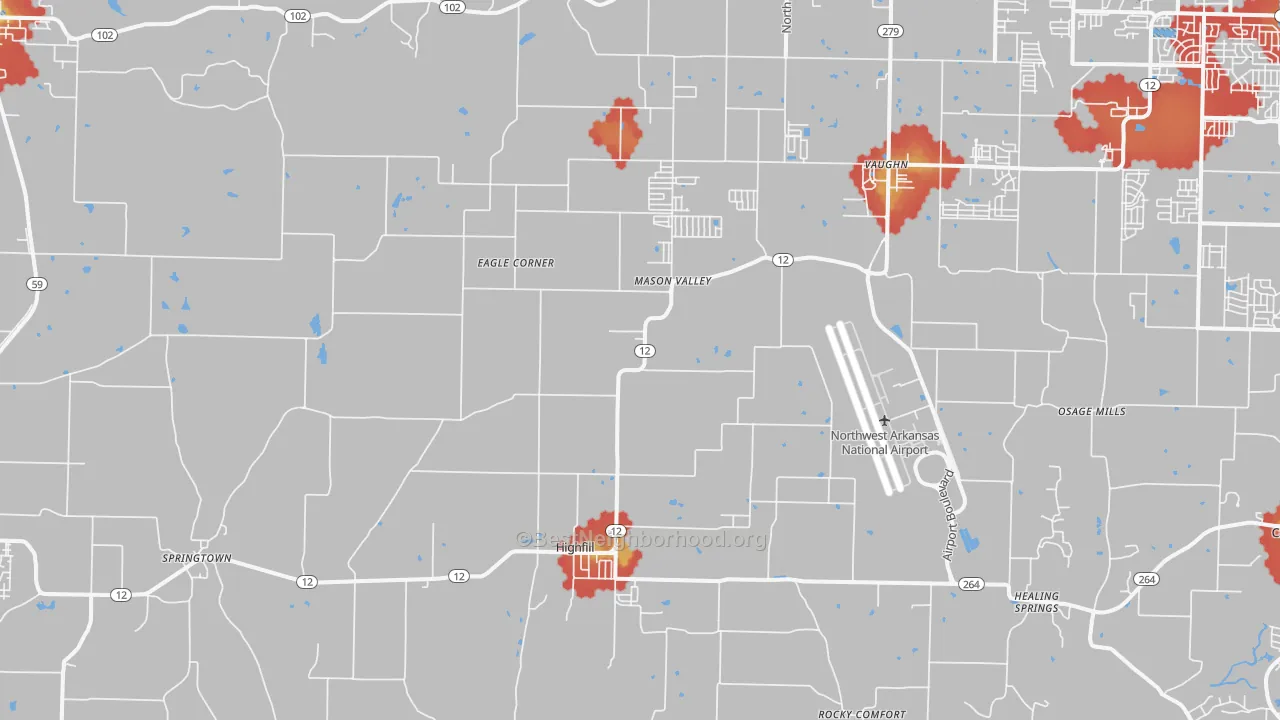 Walk Grade map of Highfill, AR, walkable areas in green and car-dependent areas in red