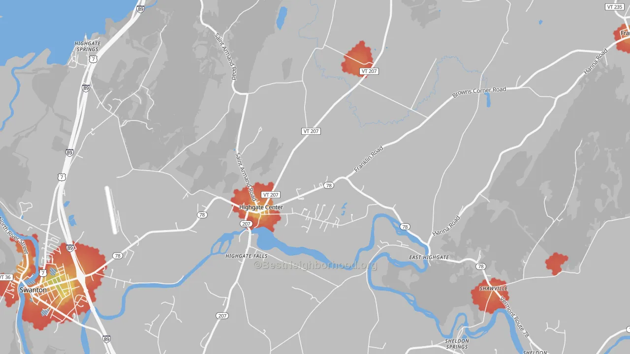 Walk Grade map of Highgate Center, VT, walkable areas in green and car-dependent areas in red