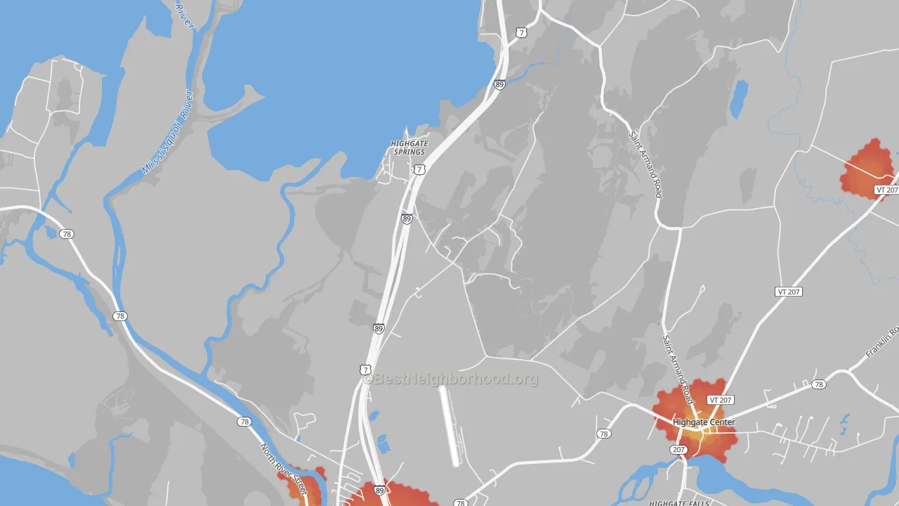 Walk Grade map of Highgate Springs, VT, walkable areas in green and car-dependent areas in red