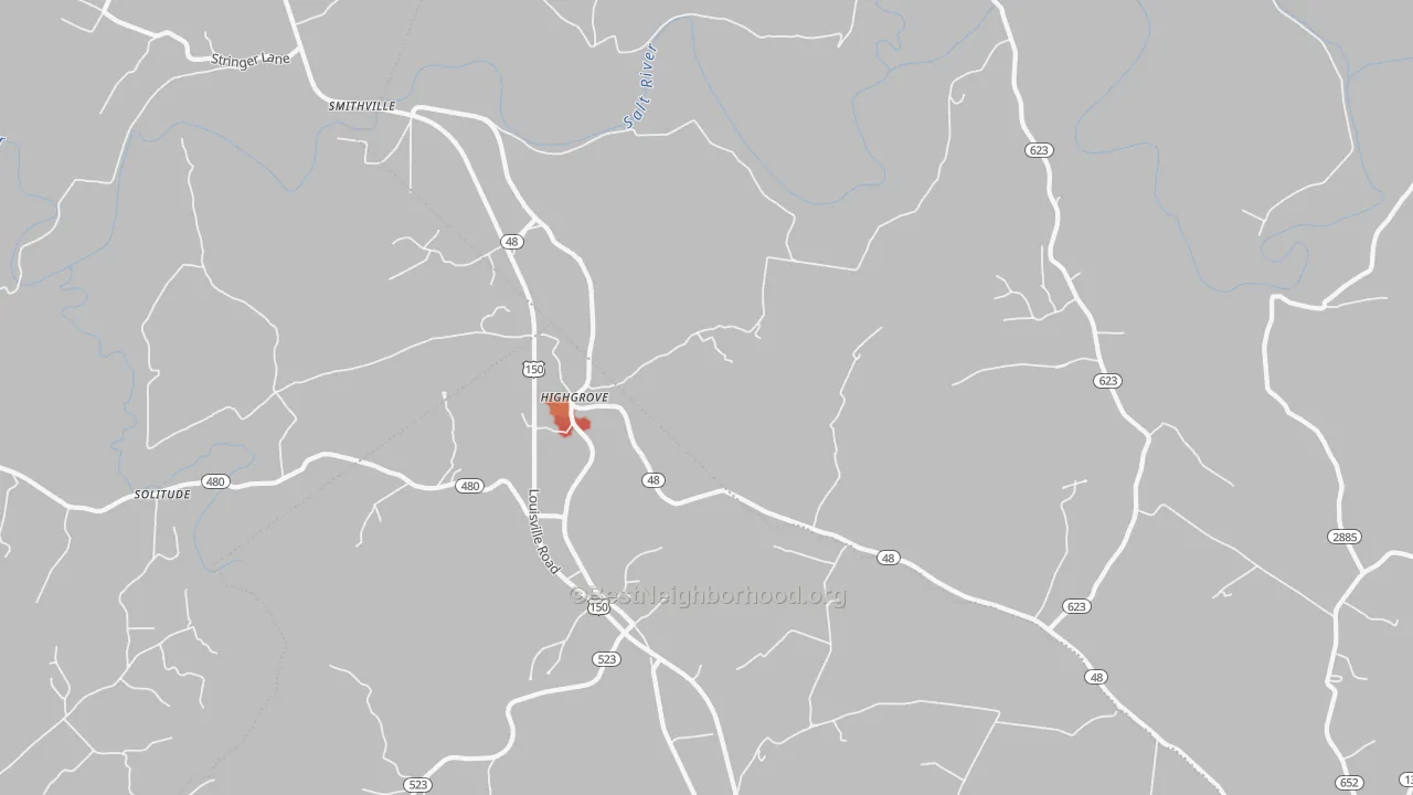 Walk Grade map of Highgrove, KY, walkable areas in green and car-dependent areas in red