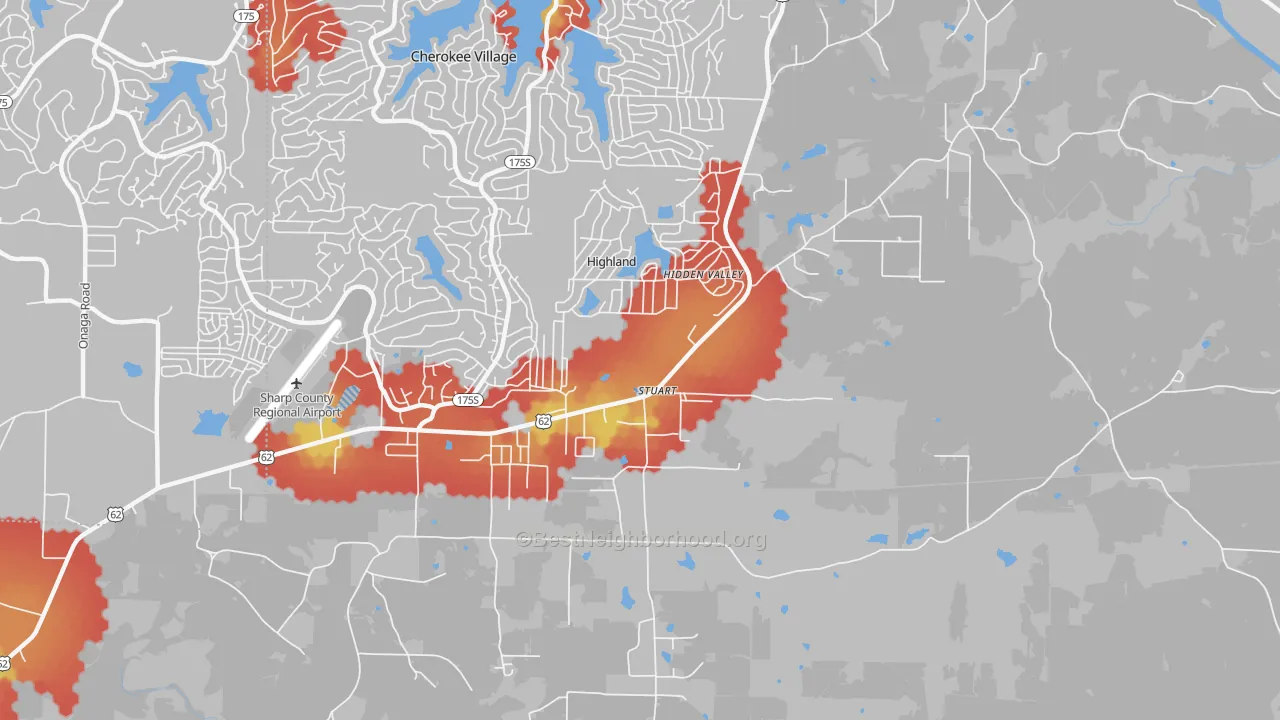 Walk Grade map of Highland, AR, walkable areas in green and car-dependent areas in red