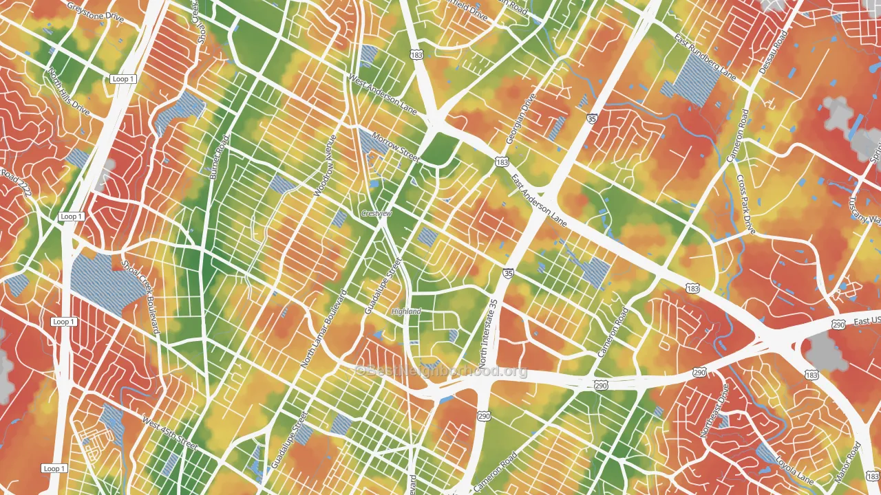 Walk Grade map of Highland, Austin, TX, walkable areas in green and car-dependent areas in red