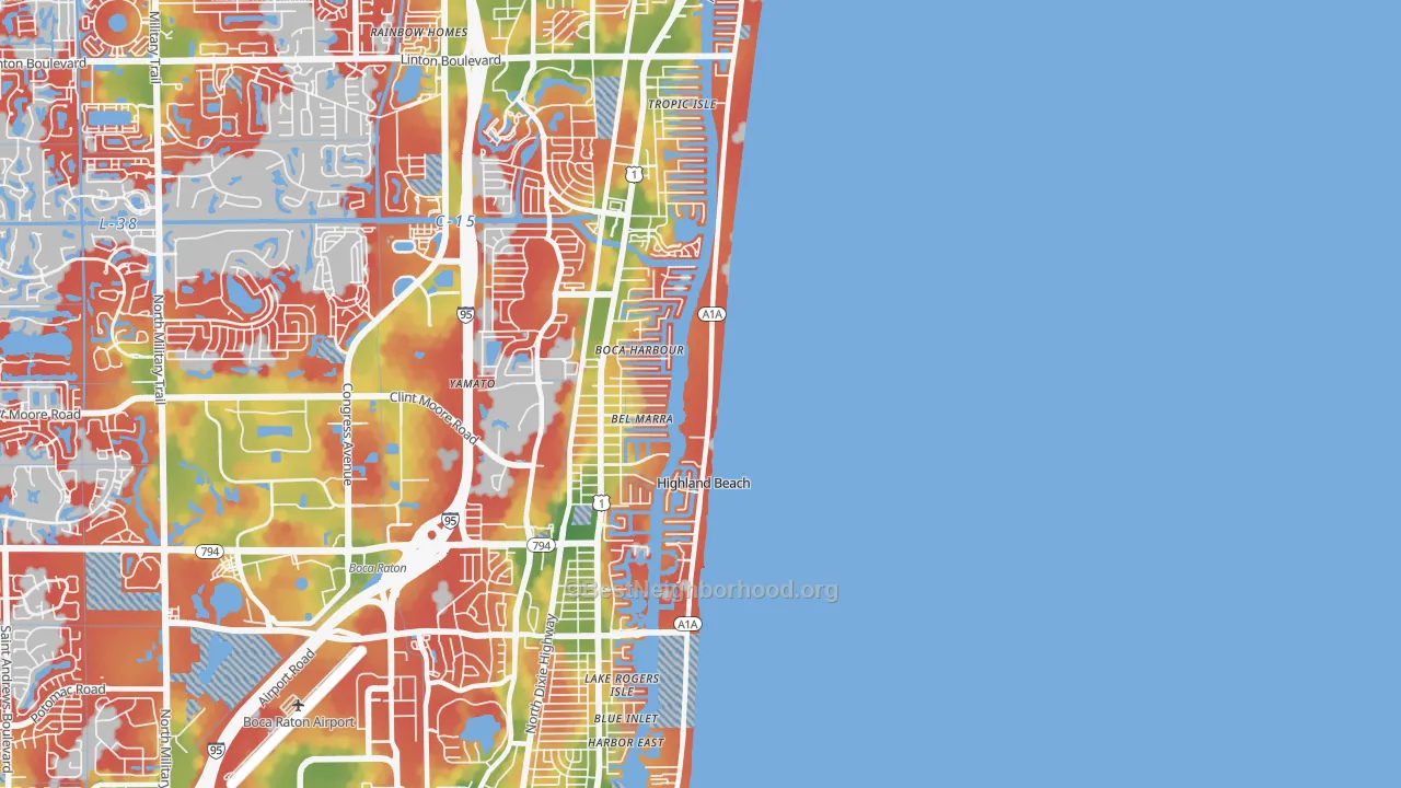 Walk Grade map of Highland Beach, FL, walkable areas in green and car-dependent areas in red