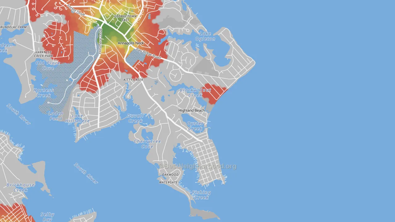 Walk Grade map of Highland Beach, MD, walkable areas in green and car-dependent areas in red