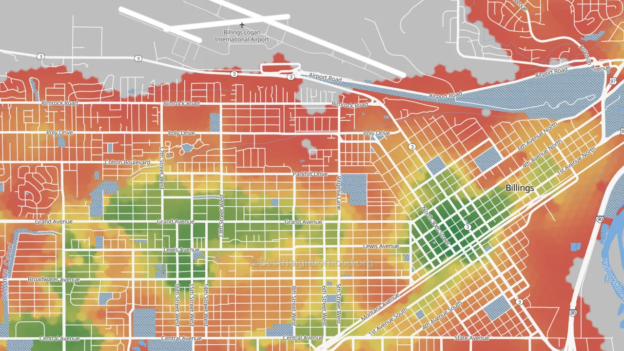 Walk Grade map of Highland, Billings, MT, walkable areas in green and car-dependent areas in red