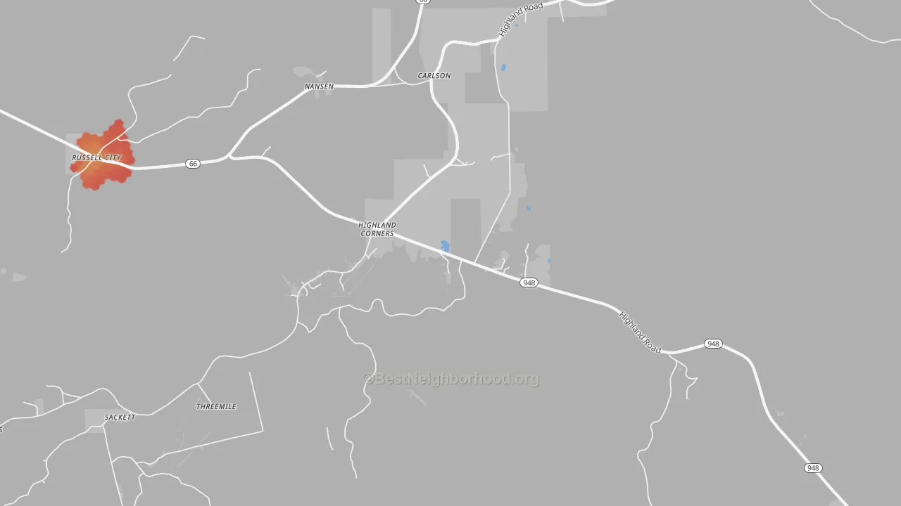 Walk Grade map of Highland Corners, PA, walkable areas in green and car-dependent areas in red