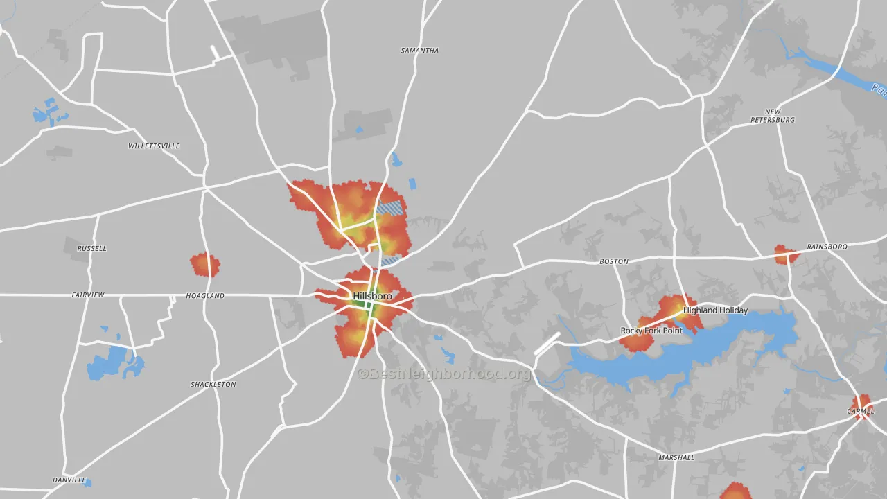 Walk Grade map of Highland County, OH, walkable areas in green and car-dependent areas in red