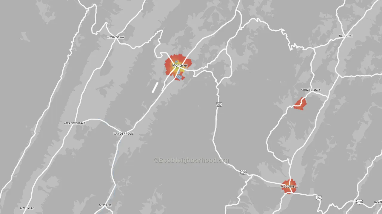 Walk Grade map of Highland County, VA, walkable areas in green and car-dependent areas in red