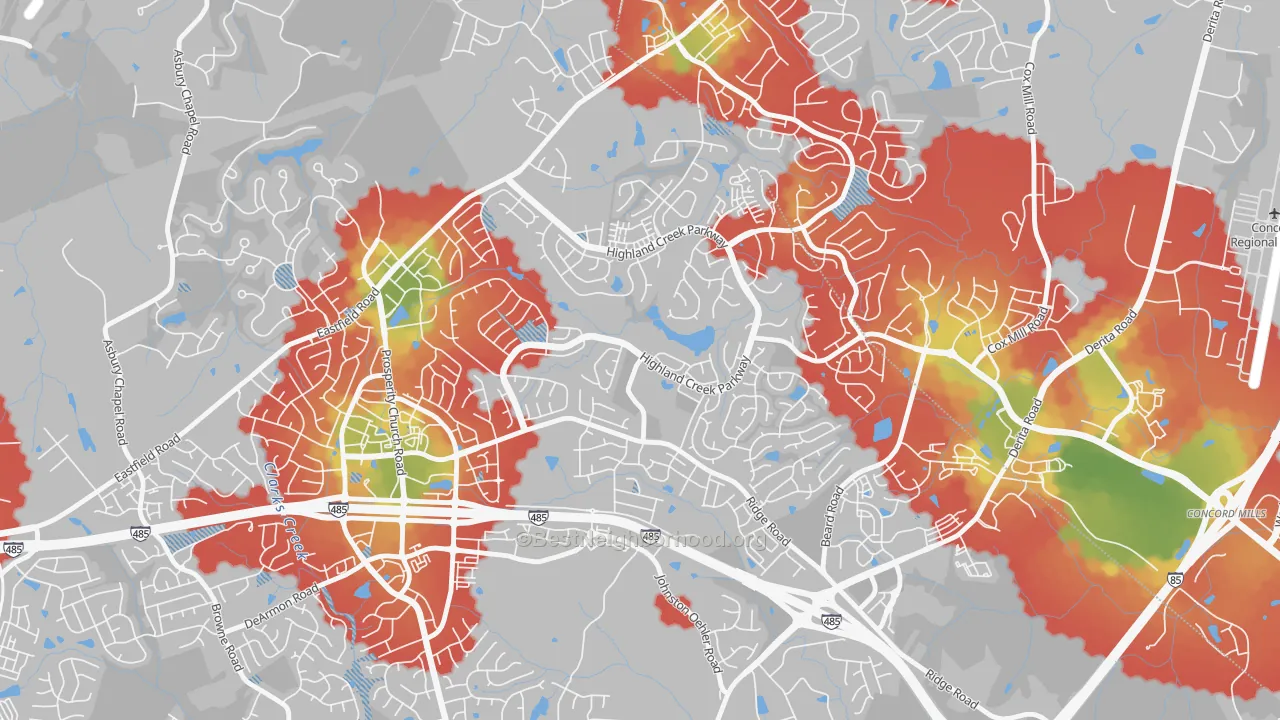 Walk Grade map of Highland Creek, Charlotte, NC, walkable areas in green and car-dependent areas in red