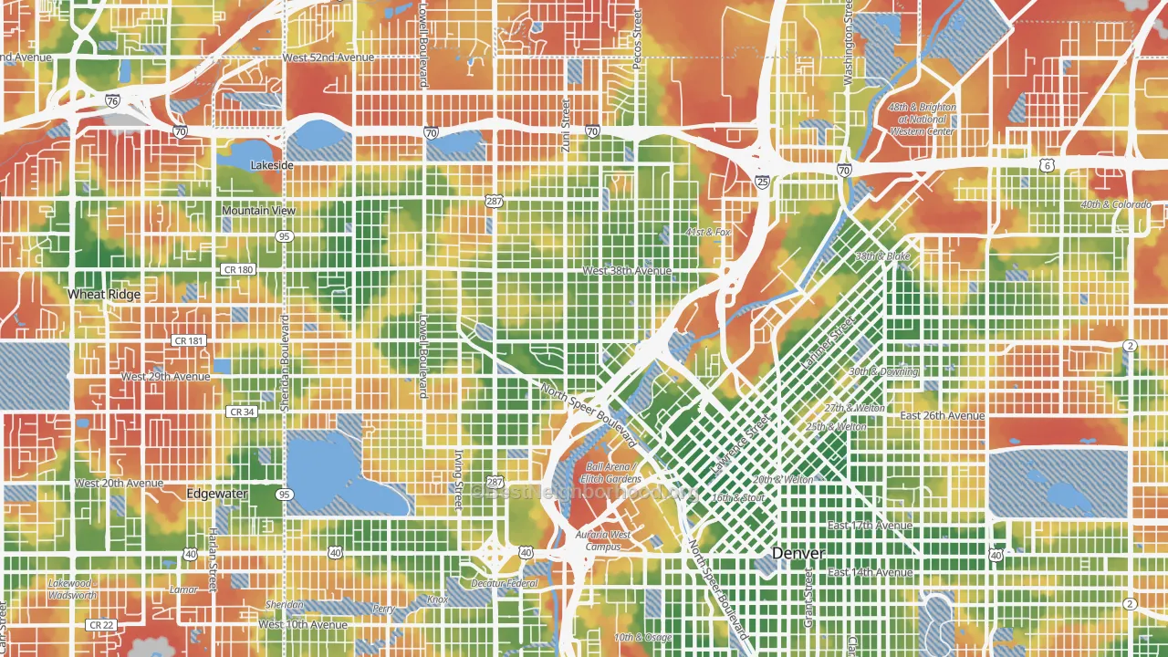 Walk Grade map of Highland, Denver, CO, walkable areas in green and car-dependent areas in red