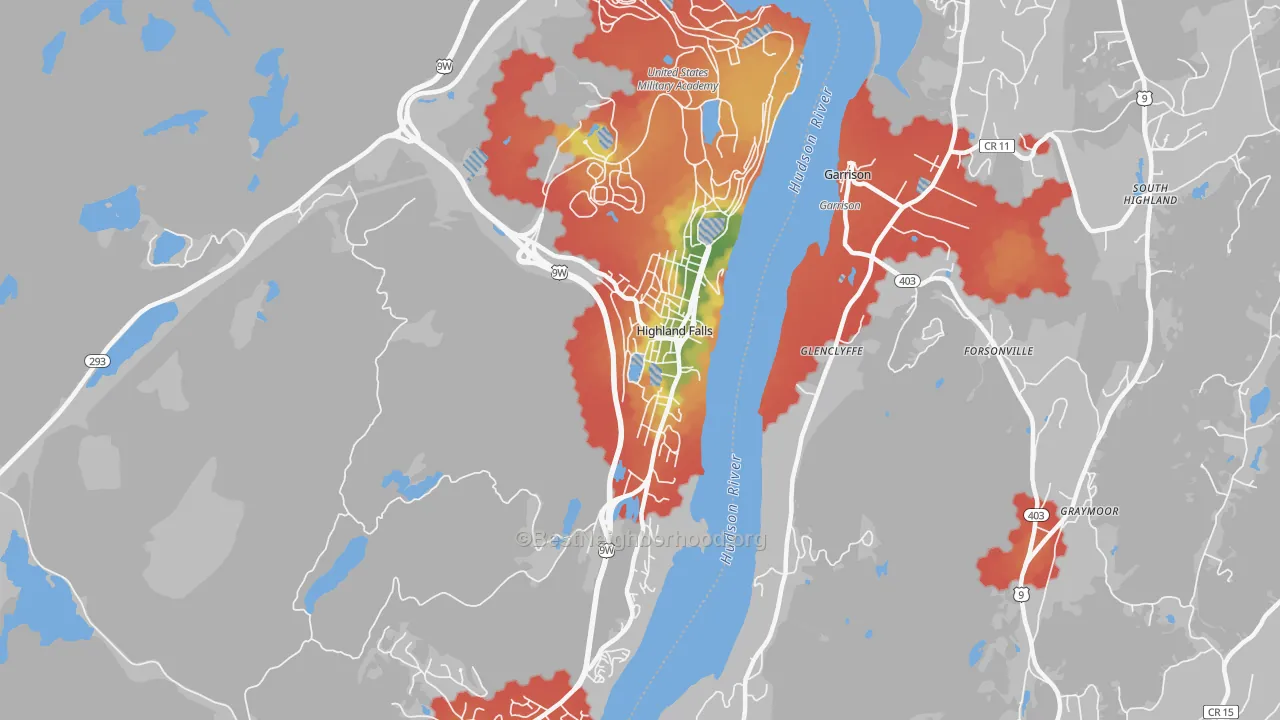 Walk Grade map of Highland Falls, NY, walkable areas in green and car-dependent areas in red