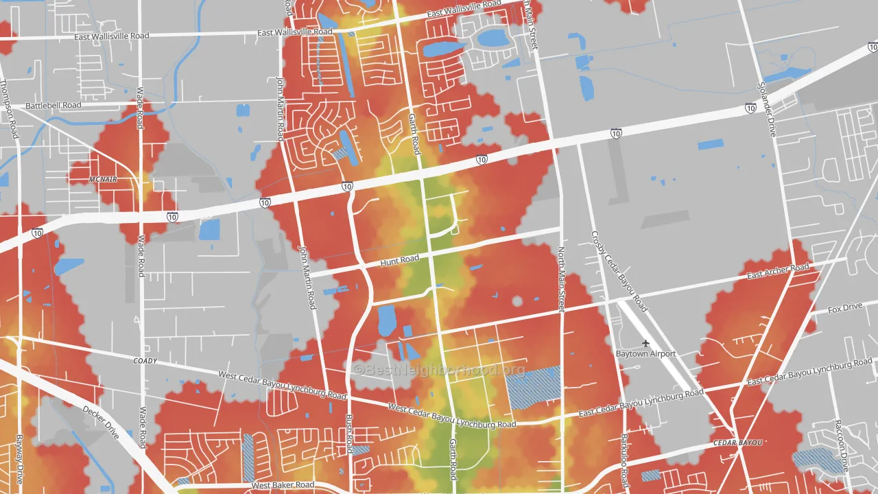 Walk Grade map of Highland Farms, Baytown, TX, walkable areas in green and car-dependent areas in red