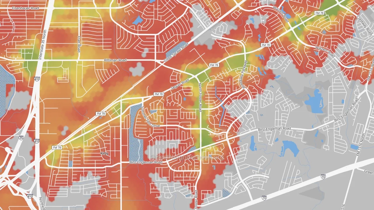 Walk Grade map of Highland Farms-San Antonio, San Antonio, TX, walkable areas in green and car-dependent areas in red