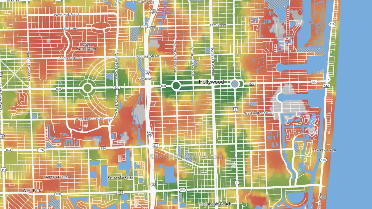 Walk Grade map of Highland Garden, Hollywood, FL, walkable areas in green and car-dependent areas in red