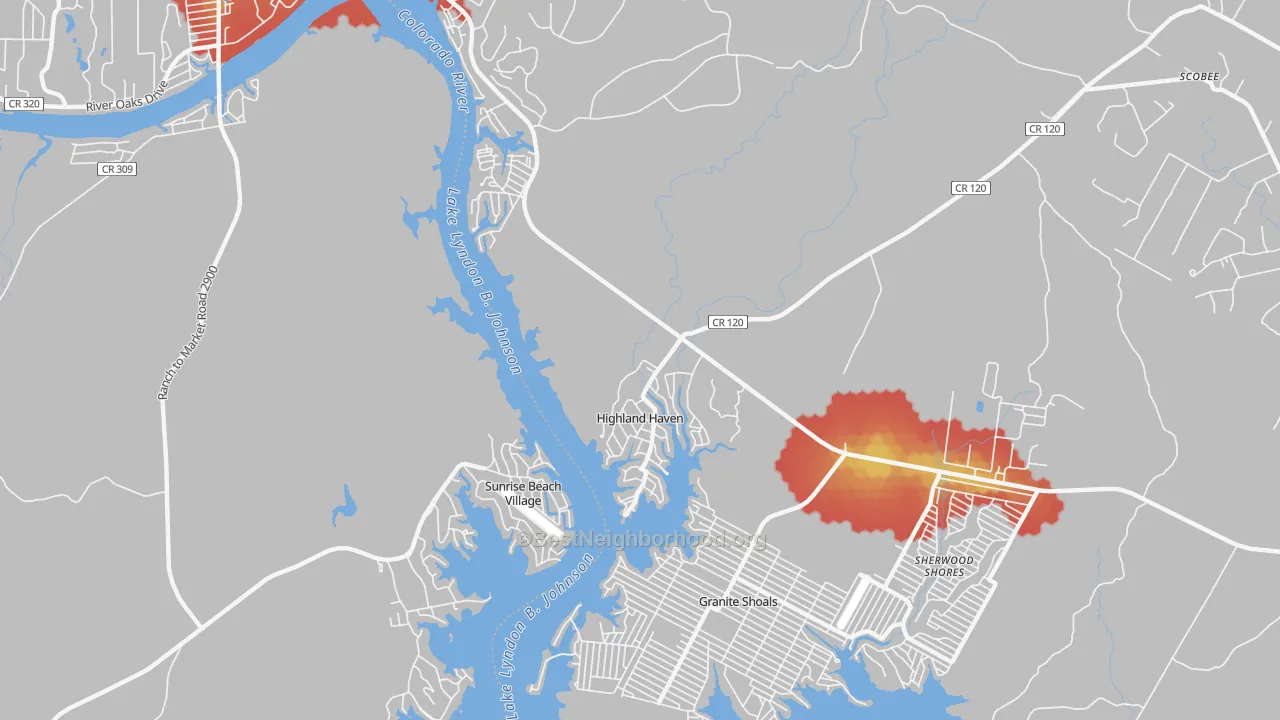 Walk Grade map of Highland Haven, TX, walkable areas in green and car-dependent areas in red