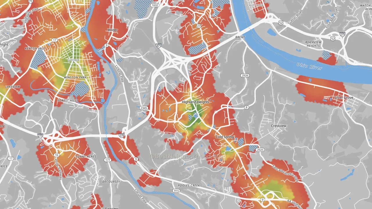 Walk Grade map of Highland Heights, KY, walkable areas in green and car-dependent areas in red