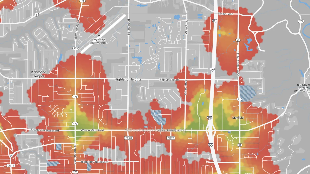 Walk Grade map of Highland Heights, OH, walkable areas in green and car-dependent areas in red