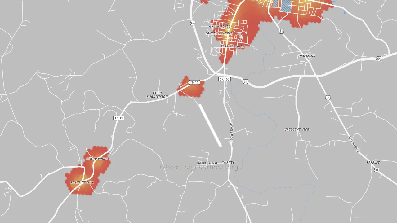 Walk Grade map of Highland Heights, TN, walkable areas in green and car-dependent areas in red