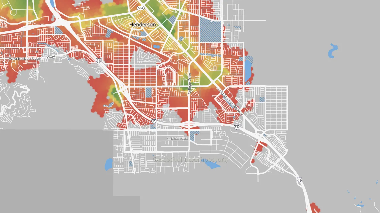 Walk Grade map of Highland Hills, Henderson, NV, walkable areas in green and car-dependent areas in red