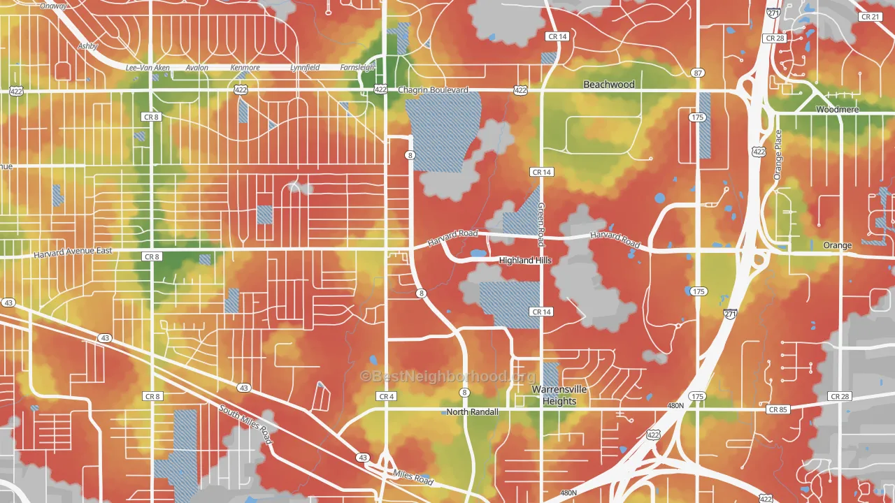 Walk Grade map of Highland Hills, OH, walkable areas in green and car-dependent areas in red