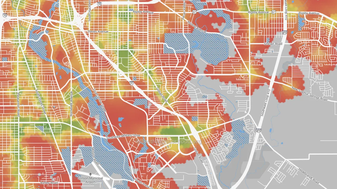 Walk Grade map of Highland Hills, San Antonio, TX, walkable areas in green and car-dependent areas in red