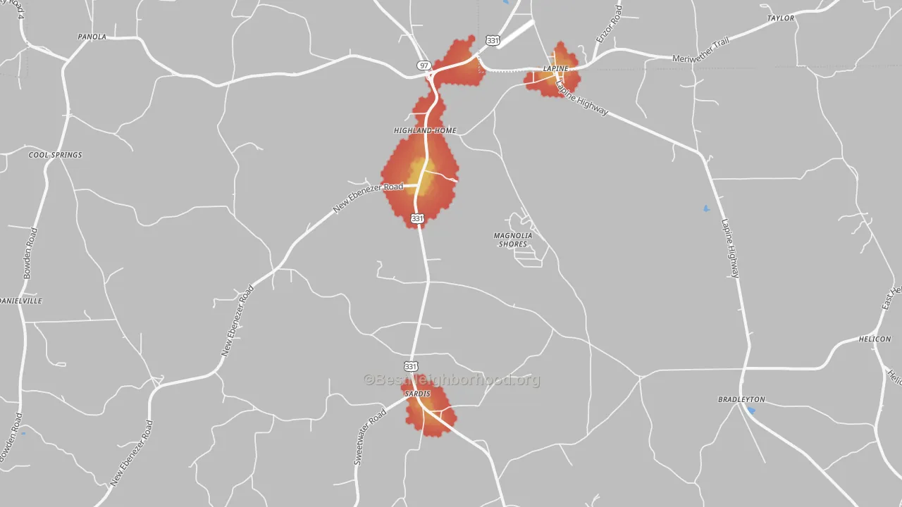 Walk Grade map of Highland Home, AL, walkable areas in green and car-dependent areas in red