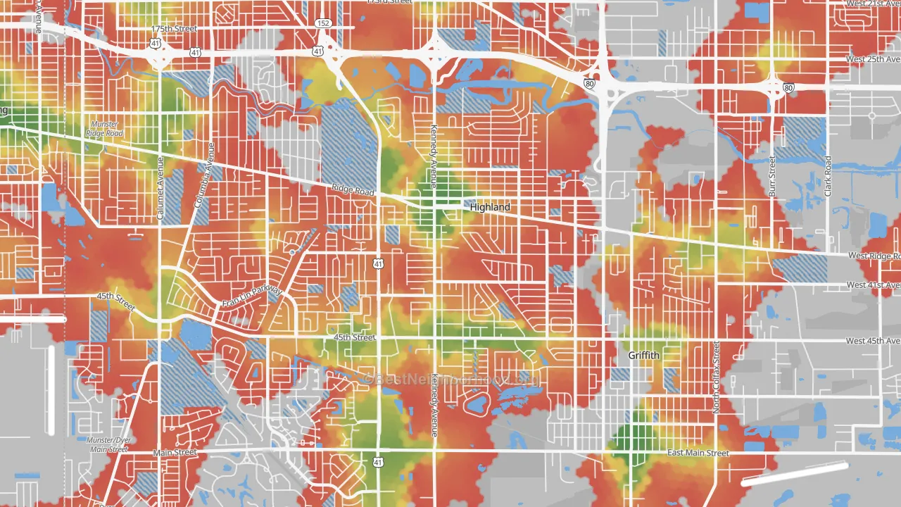 Walk Grade map of Highland, IN, walkable areas in green and car-dependent areas in red