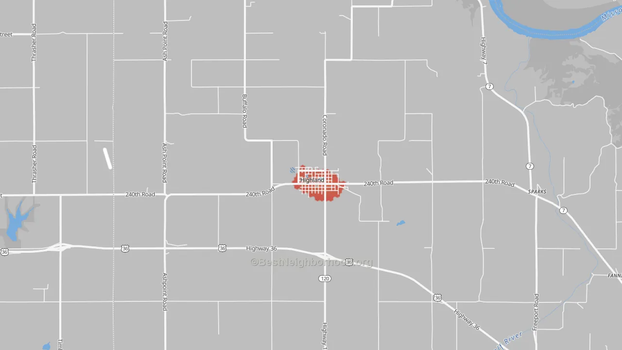 Walk Grade map of Highland, KS, walkable areas in green and car-dependent areas in red