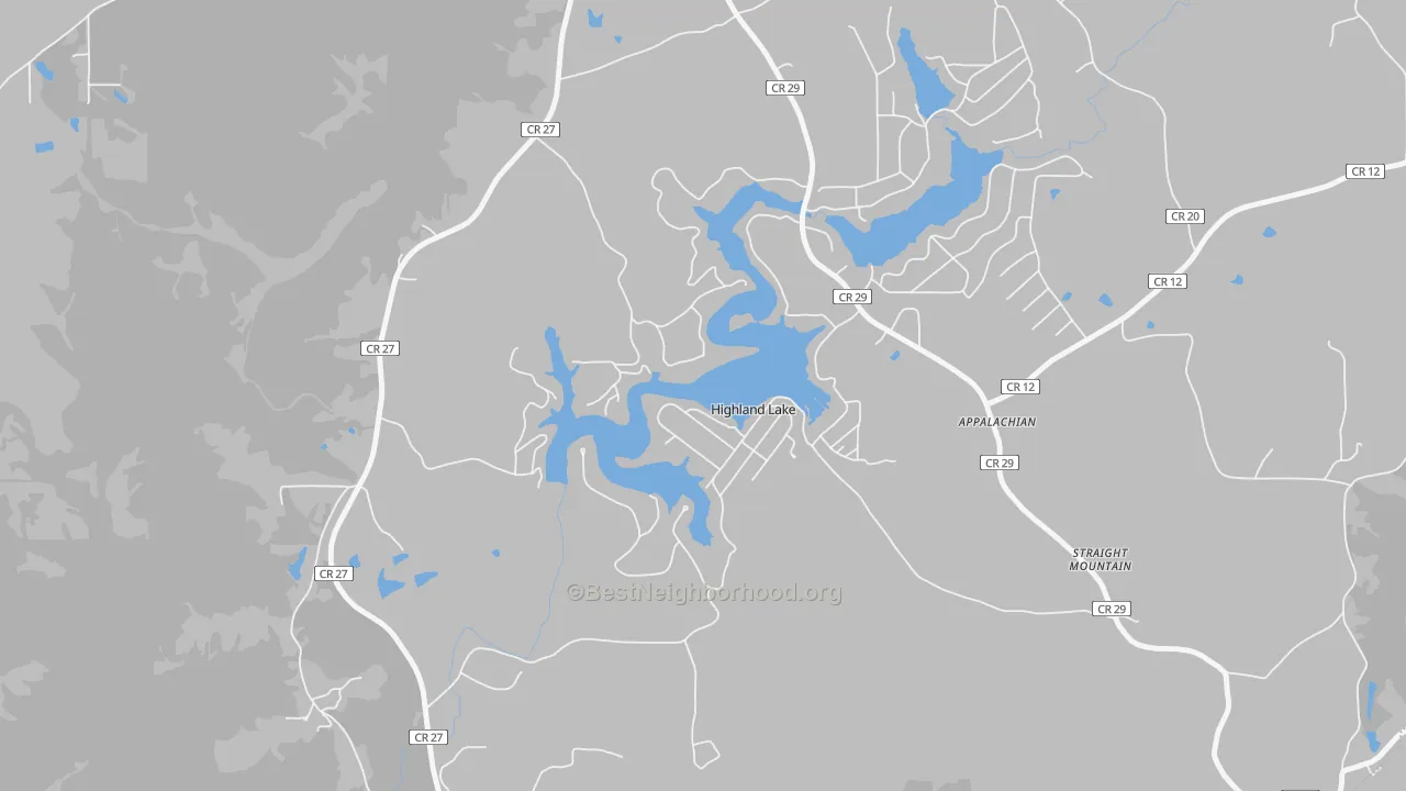 Walk Grade map of Highland Lake, AL, walkable areas in green and car-dependent areas in red