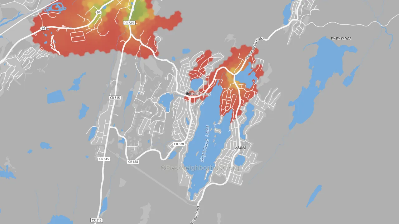 Walk Grade map of Highland Lake, NJ, walkable areas in green and car-dependent areas in red
