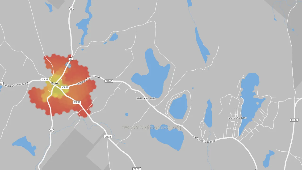 Walk Grade map of Highland Lake, NY, walkable areas in green and car-dependent areas in red