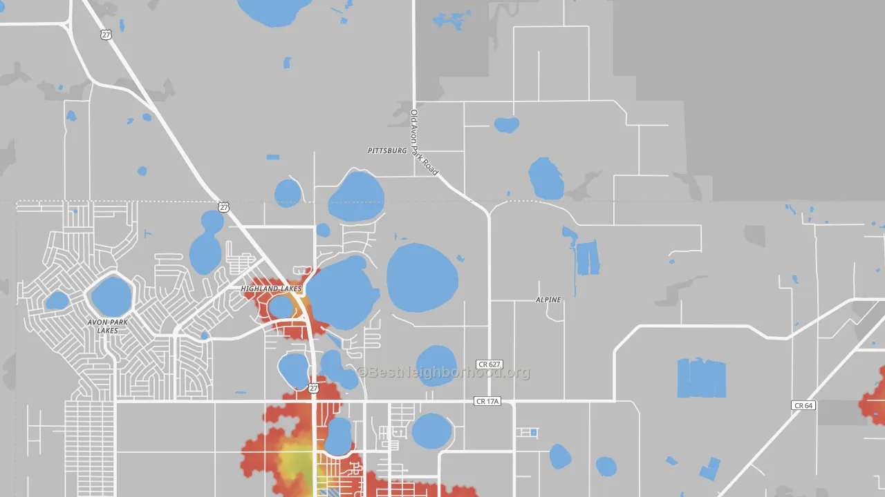 Walk Grade map of Highland Lakes, FL, walkable areas in green and car-dependent areas in red