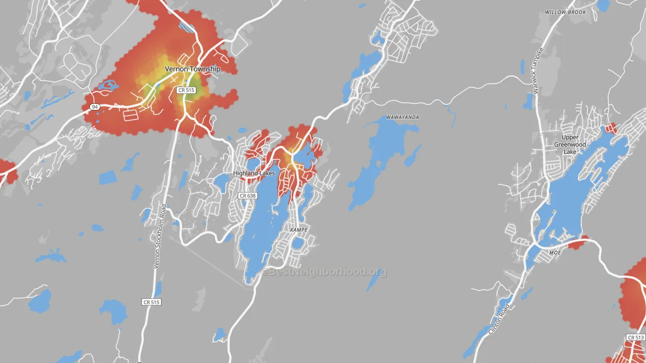 Walk Grade map of Highland Lakes, NJ, walkable areas in green and car-dependent areas in red