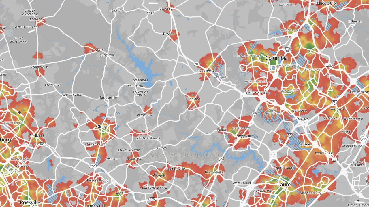 Walk Grade map of Highland, MD, walkable areas in green and car-dependent areas in red