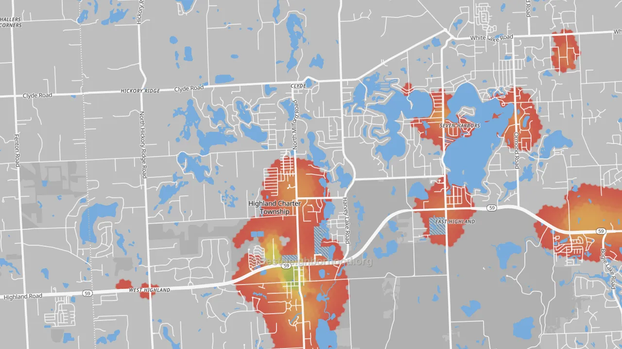 Walk Grade map of Highland, MI, walkable areas in green and car-dependent areas in red