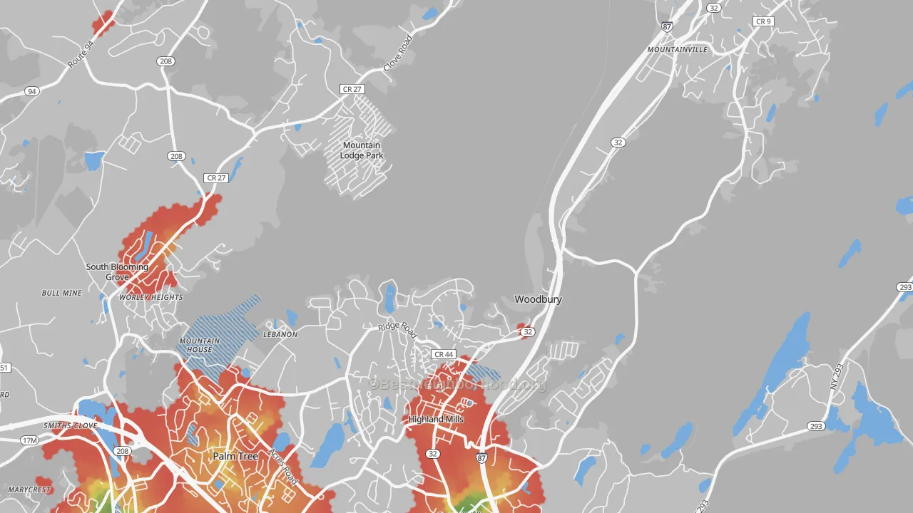Walk Grade map of Highland Mills, NY, walkable areas in green and car-dependent areas in red