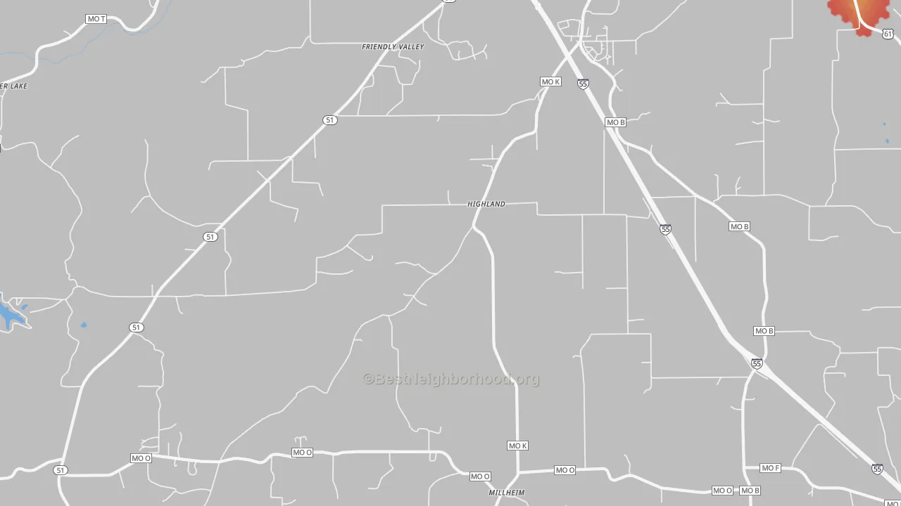 Walk Grade map of Highland, MO, walkable areas in green and car-dependent areas in red